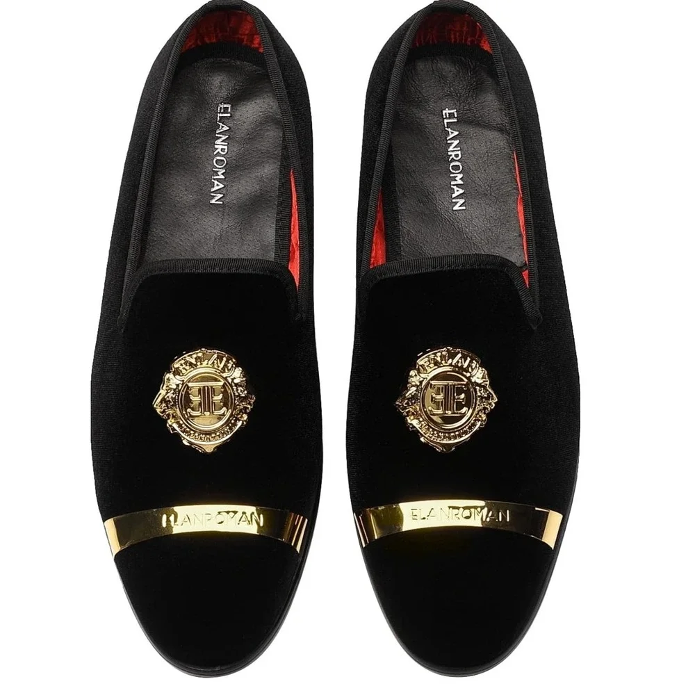 Elanroman Velvet Loafers Men 13 Black Gold Crest Red Bottom Dress Shoes 470